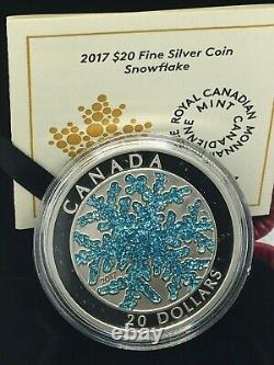1 Oz Silver Coin 2017 $20 Canada Snowflake Dendrite Ice Crystal Blue Enamel