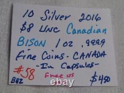 10 Silver 2016 $8 UNC Canadian Bison 1 oz. 9999 Fine Coins CANADA In Capsules