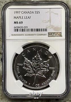 1997 $5 Silver Canadian Maple Leaf NGC MS69 Key Date Top Pop Registry Coin