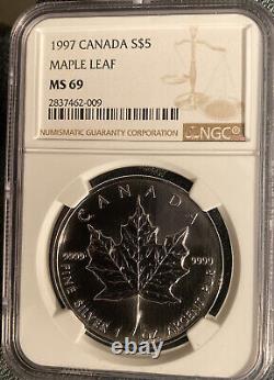 1997 $5 Silver Canadian Maple -NGC Graded MS 69. Lowest Mintage -Highest Graded