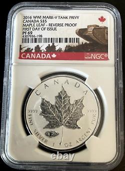 2016 1 oz Canadian Maple Leaf WW1 Mark-V Tank Privy FDOI PF69