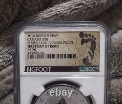 2016 CANADA $5 Silver Maple Leaf. 9999 Bigfoot Privy NGC PF70 First Day Of Issue