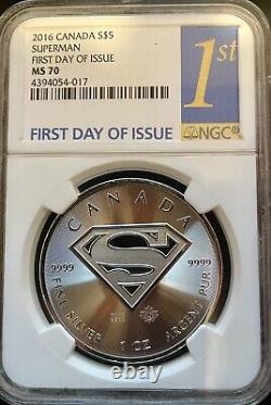 2016 Canada $5 Superman Ms70 Ngc 1st Silver Coin First Day Of Issue 1 Oz. Rare