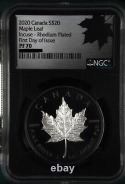 2020 Canada $20 MAPLE LEAF INCUSE-RHODIUM PLATE PF70 FDOI