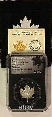 2020 Canada $20 MAPLE LEAF INCUSE-RHODIUM PLATE PF70 FDOI