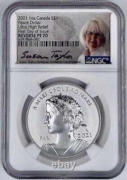 2021 Canada $1 Peace Dollar Ultra High Relief NGC Reverse PF70 First Day Issue