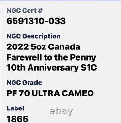 2022 5 Oz Canada Proof Farewell To The Penny Silver Coin Ngc Pf70 Ucam. 9999