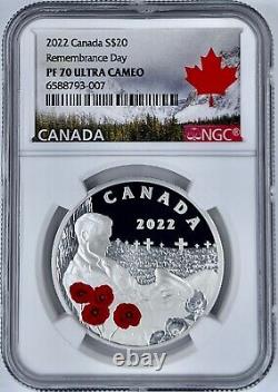 2022 Canada $20 Remembrance Day Red Poppy Colorized Silver Coin NGC PF70UCAM