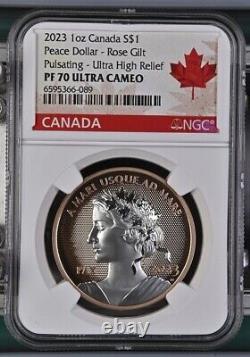 2023 1 oz Silver Canada Peace Dollar Rose Gilt Pulsating UHR NGC PF 70 UCAM