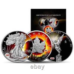 2023-2024 TOTAL ECLIPSE CHROMATICS 3 x 1 oz Silver Coin Set Canada USA Mexico