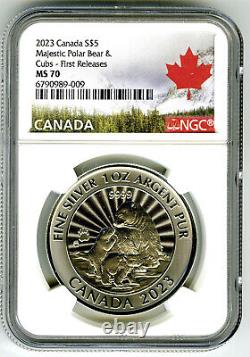 2023 $5 Canada 1 Oz Silver Majestic Polar Bear & Cubs Ngc Ms70 First Releases