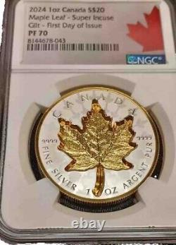 2024 Canada Super Incuse Maple Leaf 1 Oz Silver Gilt PF70 Coin FDOI Full OGP