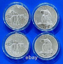 (4) 2011 Canadian Wildlife, Grizzly Bear & Wolf. 9999 Fine Silver, $5 Coin Lot
