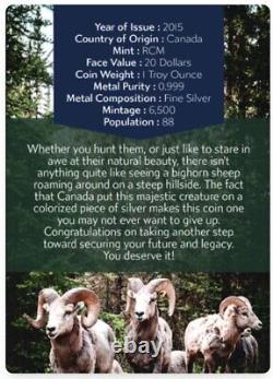 7k Metals 2015 RCM $20 Fine Silver Coin Majestic Animals Bighorn Sheep