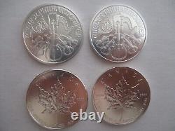 Lot of 4 2013 Fine Silver Coins 2 Maple leaf and 2 Philharmonic BU