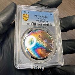 MS66 2014 $5 Canada Silver Maple 5 Dollars, PCGS Trueview- Vivid Rainbow Toned