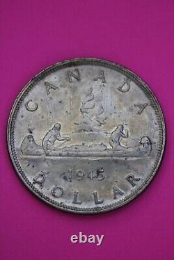 Toned 1945 Canada Silver Dollar Scarce Semi Key Date. 800 Fine Silver Coin 32